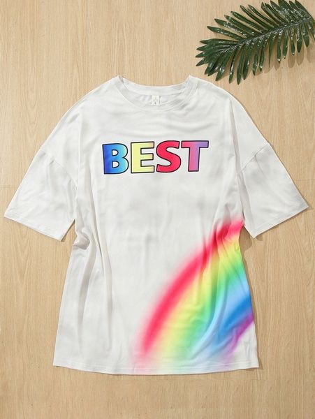

1pc rainbow & letter graphic tee r6jm#, White
