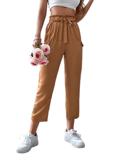

paperbag waist flap pocket belted cargo pants 89wr#, Black;white