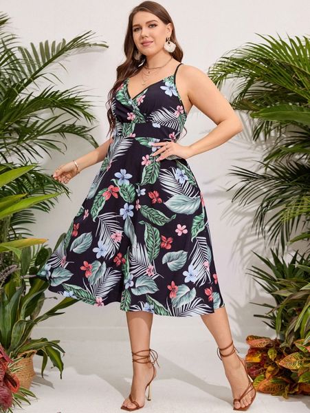 

plus tropical print crisscross back overlap collar cami dress n0x0#, Black