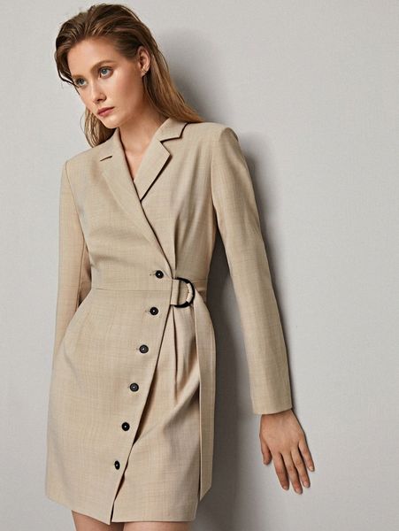 

motf premium relaxed belted overlap blazer dress c6uy#, White