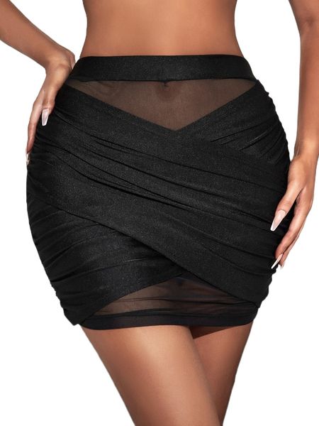 

sxy wrap cross sheer mesh skirt s1gd#, Black