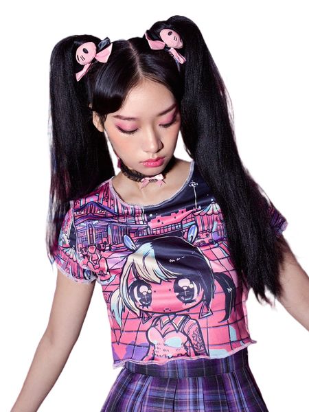

romwe x tensuiimeteor anime stitching trim cartoon graphic crop tee u0m4#, White