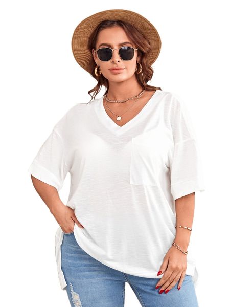 

plus drop shoulder high low split hem tee b6el#, Black