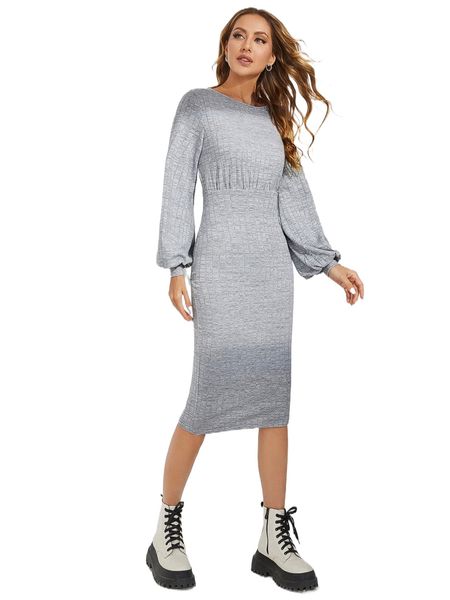 

solid bishop sleeve bodycon dress 47md#, Black;gray