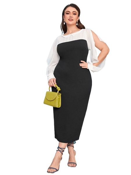 

plus color block split sleeve dress e5zd#, Black