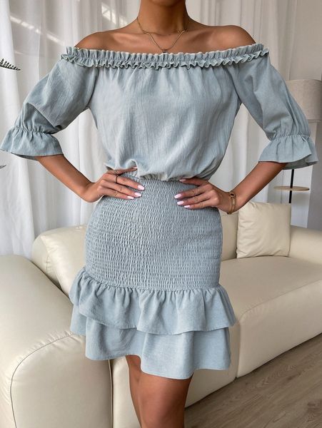 

frilled off shoulder bell sleeve shirred mermaid dress 74j7#, Black;gray