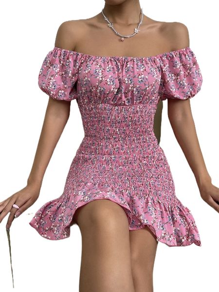 

ditsy floral shirred ruffle hem bardot dress b5n9#, Black;gray
