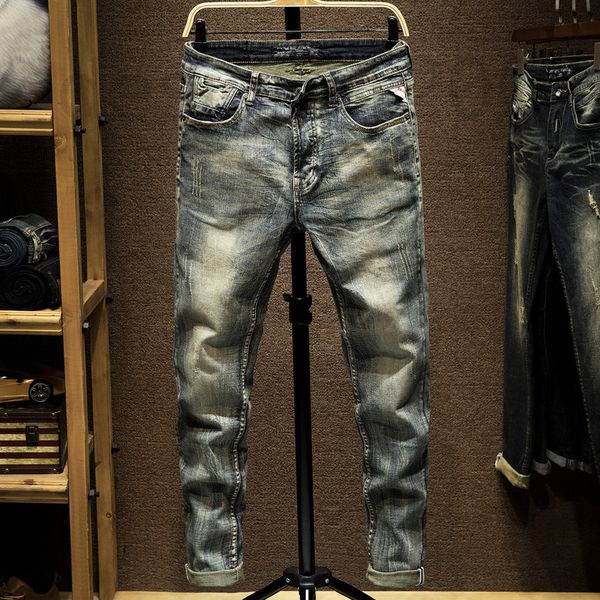 

men's jeans designer hole patch jeans men's spring and summer korean version fashion straight tube slim fit old brand small leg pa, Blue