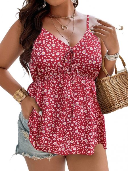 

plus ditsy floral print tie front cami l1t2#, Black