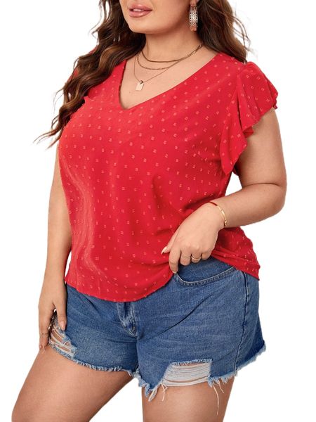

plus swiss dot butterfly sleeve tie back blouse j2sf#, Black