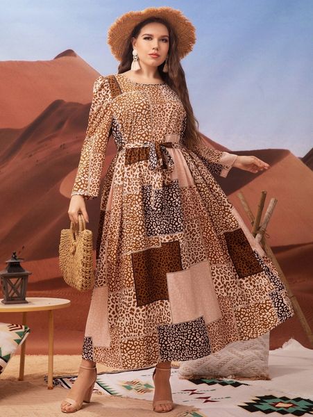 

plus leopard print puff sleeve belted dress 13d9#, Black