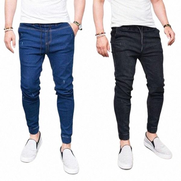 

men's jeans men elastic waist spring casual black denim blue pants slim fit long trouser1 o1wj#