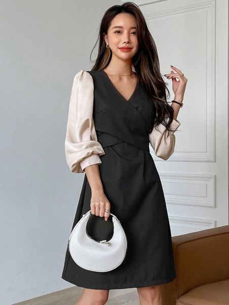 

dazy crossover tie back lantern sleeve dress x4rq#, Black;gray