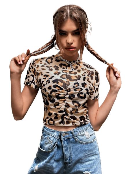 

leopard print ruched crop mesh 7003#, White