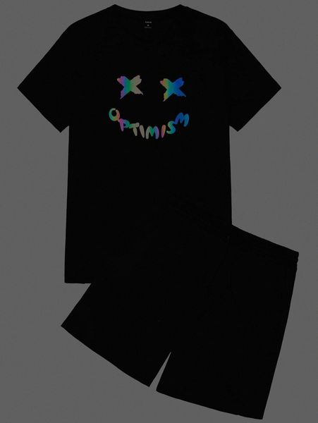 

men letter & graphic print tee & drawstring waist track shorts set e7be#, Gray