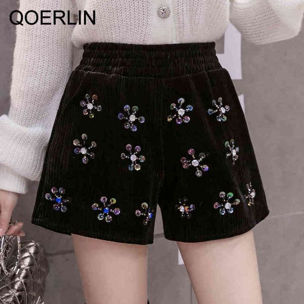 

qoerlin heavy beaded shorts black velvet corduroy shorts women elastic high waist shorts straight boots trouser plus size 210412, White;black