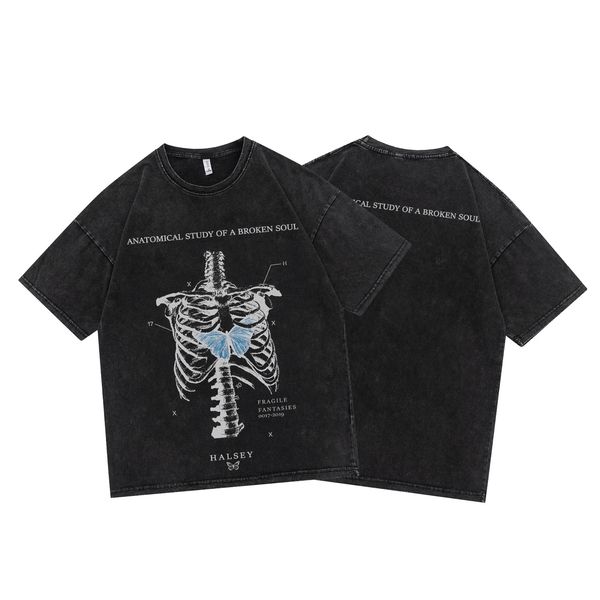 

european and american street fashion brand used washed skeleton printed hip hop men's and women's round neck short sleeve t-shirt, White;black