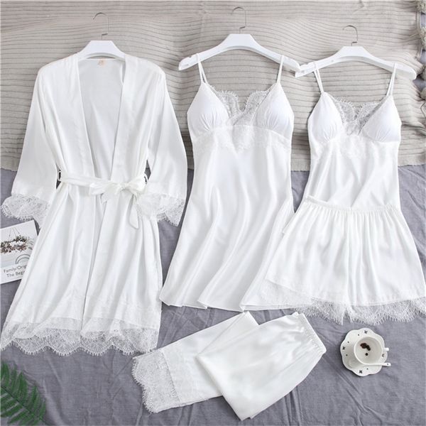 Sexy Full Slip Lace White Silk Pijamas Conjunto de Mulheres 5pcs Química Bride Bride Robe Nightgown Sleepwear Kimono Bathrobe Lingerie 220527