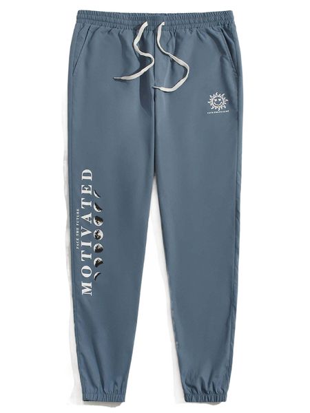 

men moon & slogan graphic drawstring waist tapered pants r2xo#, Black