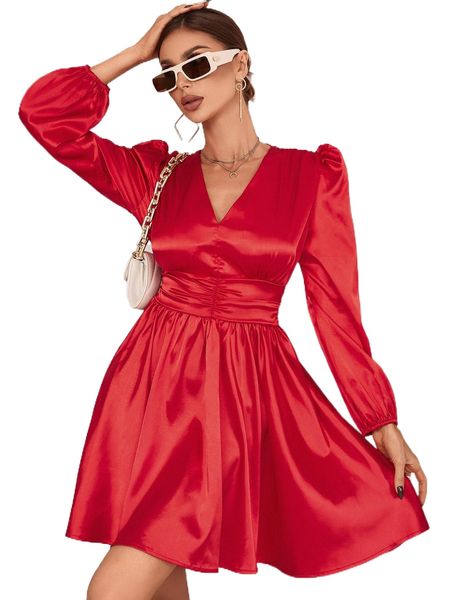 

lantern sleeve ruched waist satin dress o5cy#, Black;gray