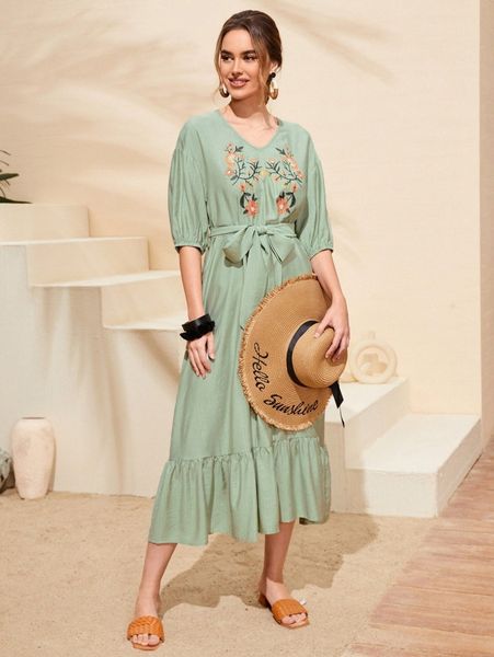 

floral embroidery belted ruffle hem dress n0a2#, Black;gray