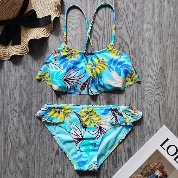 

one-piece suits tropical girl swimsuit 7-14 years bikini set flounce two piece children's swimwear ruffle girls bathing