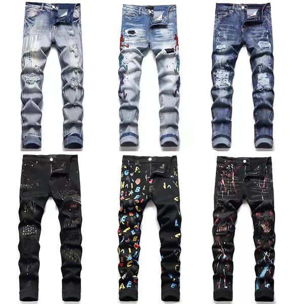 Erkek kot pantolon yırtık sıska streç bisikletçisi denim ince fit hip hop pantolon asya boyutu yüksek kalite