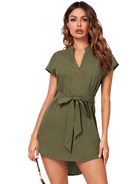 

notched neck self belted curved hem dress 09mm#, Black;gray