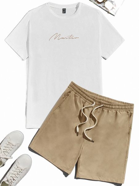 

men letter graphic tee & drawstring waist shorts a2ie#, Gray