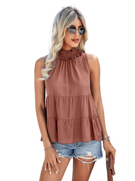 

shirred frilled neck ruffle hem blouse c0s3#, White