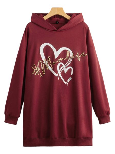 

heart & letter graphic drop shoulder hoodie dress n5ii#, Black