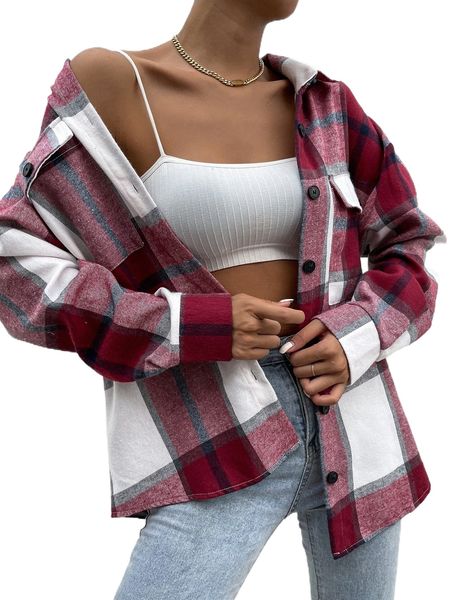 

plaid flap pocket drop shoulder coat o0tz#, Black