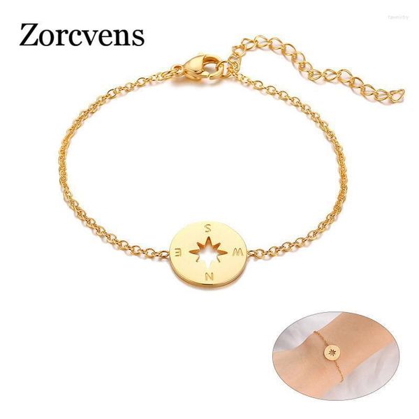 Link Chain Zorcvens Compass Charm Bracelets for Women Gold Tom Gold Jóias de aço inoxidável Fawn22