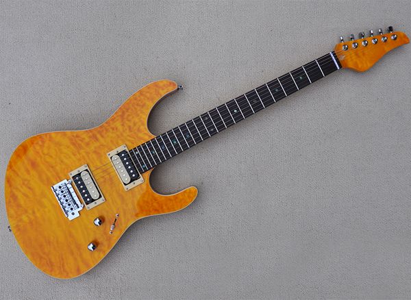 

yellow electric guitar with humbuckers pickups rosewood fretboard and abalone inlay