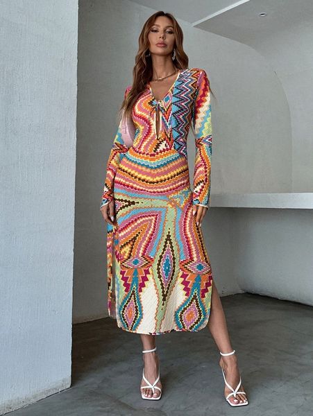 

allover print cut out split thigh dress t8qn#, Black;gray