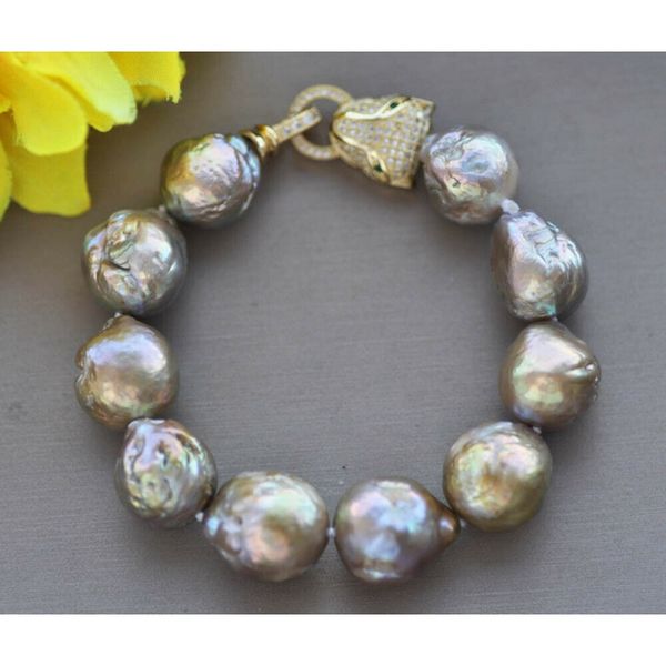 

8&quot 16mm lavender peacock almost-round edison keshi pearl bracelet cz, Silver
