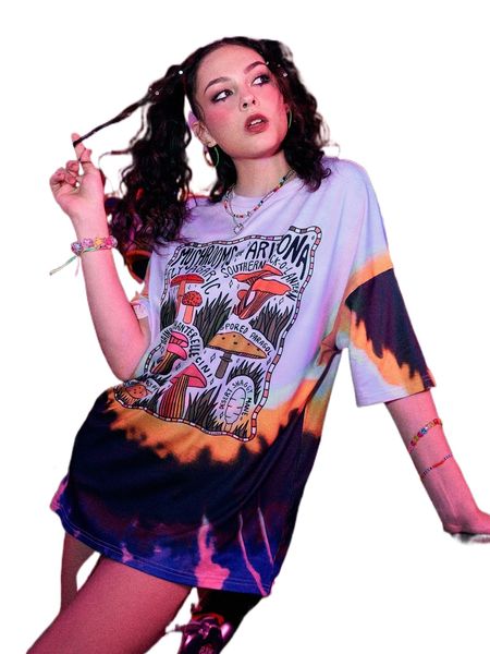 

romwe x doodlebymeg street life letter mushroom graphic tie dye oversized tee h47c#, White
