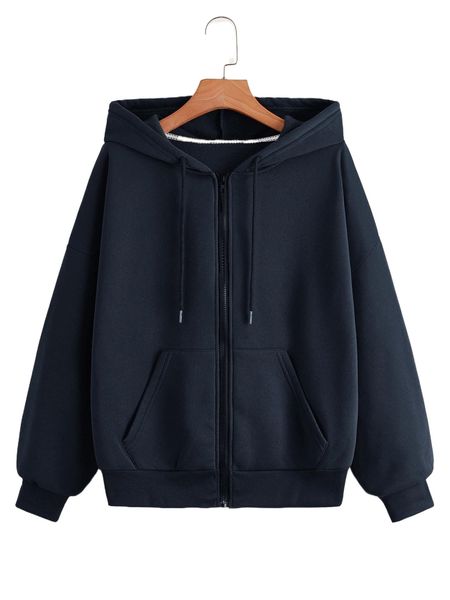 

zip up drop shoulder drawstring thermal lined hoodie o86n#, Black