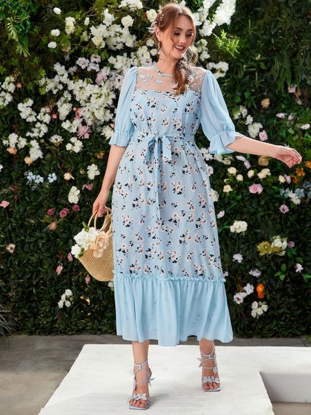 

plus floral embroidery mesh floral print belted dress v80a#, Black
