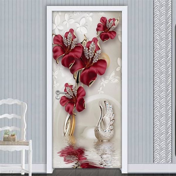 Rote Blume Schmetterling Schmuck 3D Tür Aufkleber Home Decor Moderne Wohnzimmer Schlafzimmer Dekoration Aufkleber Wandbild Tapete 220426