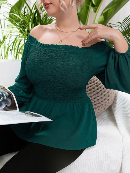 

plus off shoulder frill trim shirred lantern sleeve peplum blouse 66m1#, Black