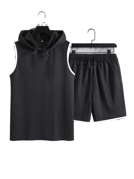 

men contrast binding drawstring hooded tank & shorts x8op#, Gray