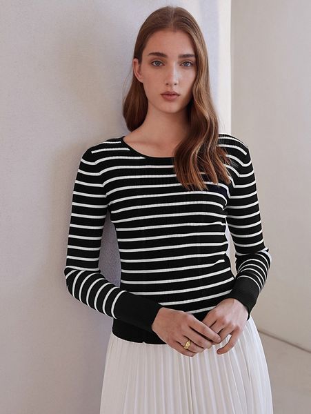 

motf premium viscose slim striped sweater 43qn#, White;black