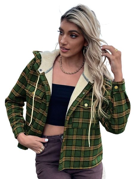 

plaid & slogan graphic drop shoulder teddy lined hooded jacket q4ge#, Black;brown