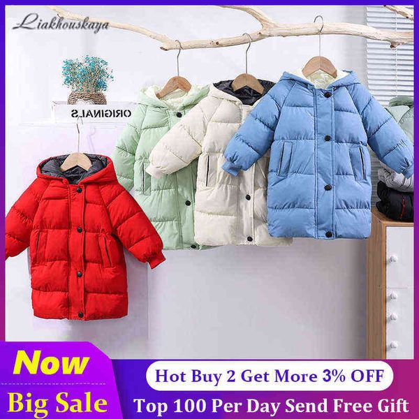 

children winter clothing teenager baby boys girls cotton lined parka thicken warm long coat toddler jackets kids outerwear j220718, Blue;gray