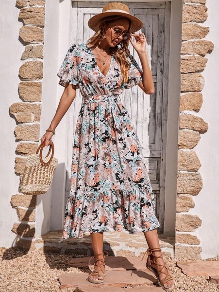 

allover print butterfly sleeve ruffle hem belted dress p3fb#, Black;gray