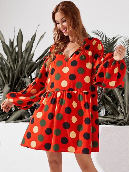 

luukse polka dot v neck lantern sleeve dress 04h4#, Black;gray