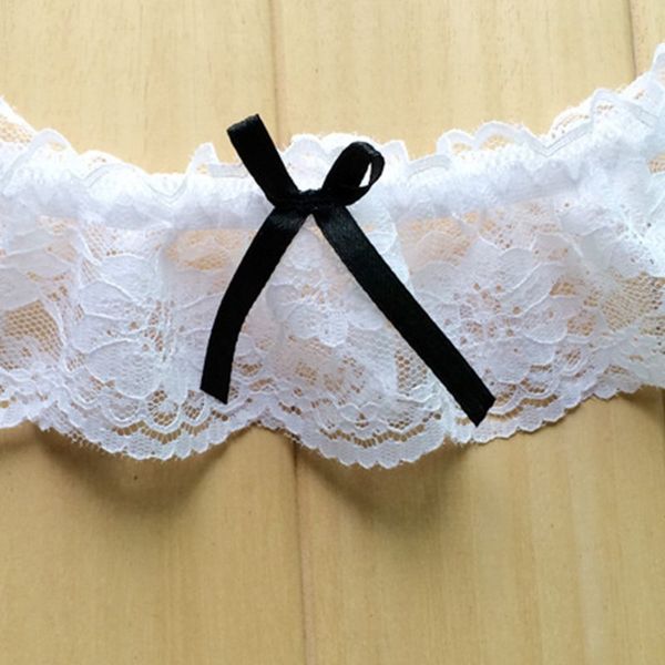 

womens cosplay maid 3 pieces leg ring wrist band set white floral lace black bowknot wedding bridal elastic thigh garter