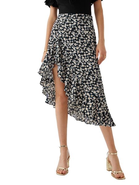 

frenchy allover floral asymmetrical ruffle hem skirt n8ur#, Black