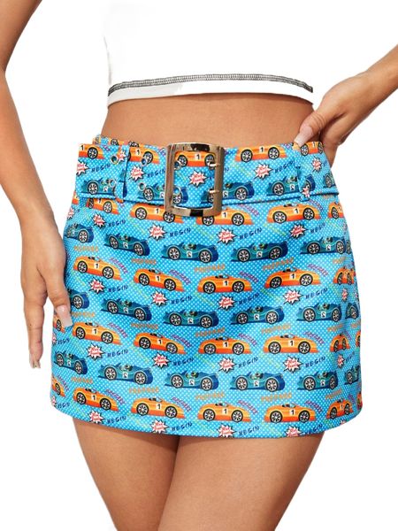 

buckle belted letter and car print skirt n6sv#, Black